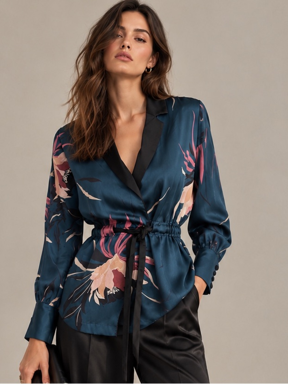 Zara Teal Floral Satin Wrap Blouse with Black Trim SZ S